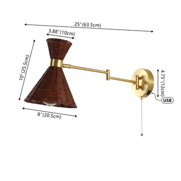 Lily 25" 1-Light Mid-Century Vintage Retro Rattan/Metal USB Charging Swing Arm LED Sconce with Pull Chain - JONATHAN Y